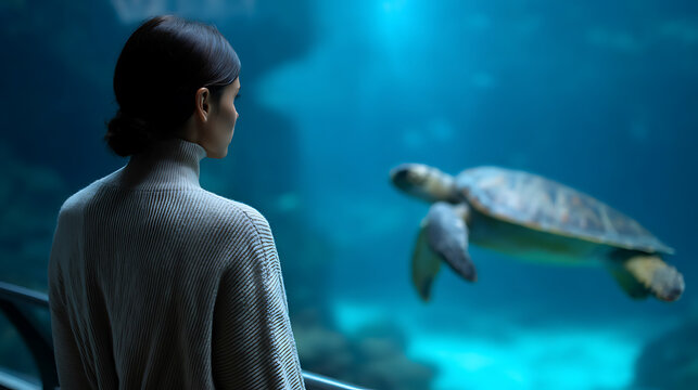 A woman observes a sea turtle swimming gracefully in a large aquarium, surrounded by blue-tinted water and underwater scenery.