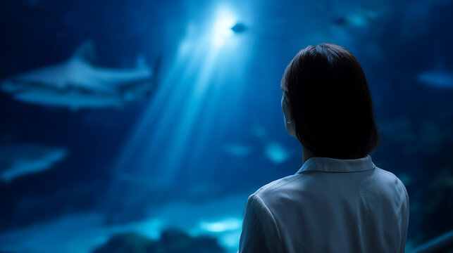 A person gazes at sharks swimming in a large aquarium, with light rays illuminating the underwater scene. The deep blue water creates a mysterious and immersive atmosphere