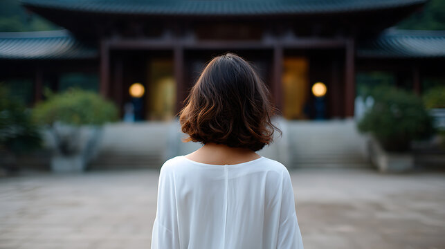 A woman in a white tunic walking towards an ancient Asian temple. The temple has a dark roof and pillars, with warm lights glowing from within. The scene is set in a natural, serene environment