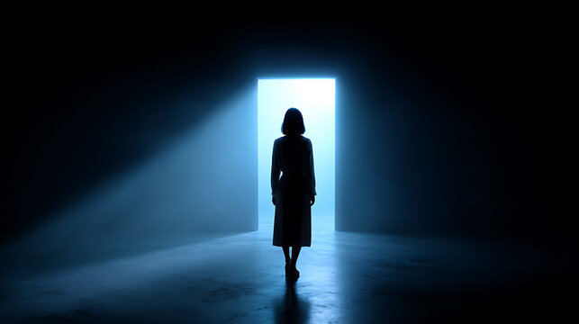 A solitary figure stands silhouetted against a bright, glowing doorway, stepping out of darkness into light. The scene evokes a sense of mystery and transition