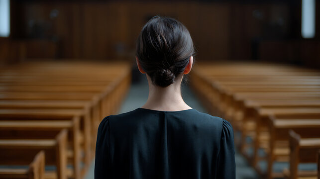 A woman stands with her back to the camera, facing rows of empty wooden pews in a dimly lit hall. The setting appears solemn and introspective