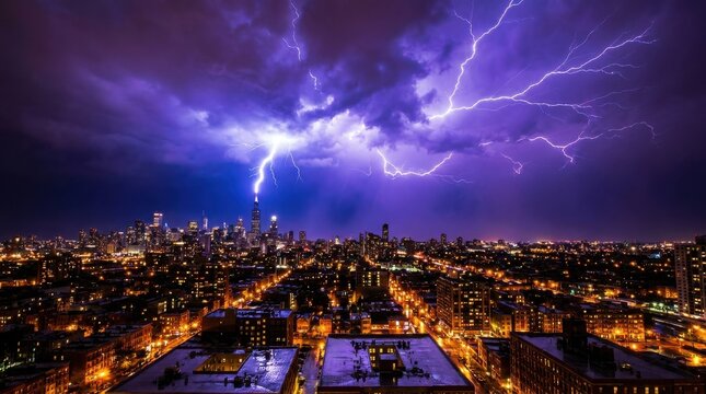 Lightning strikes willis tower in chicago skyline at night