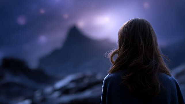 A lone person gazes out at a fantastical, ethereal landscape at dusk. The sky is filled with glowing orbs, and rugged mountains rise in the distance, creating a sense of wonder and mystery