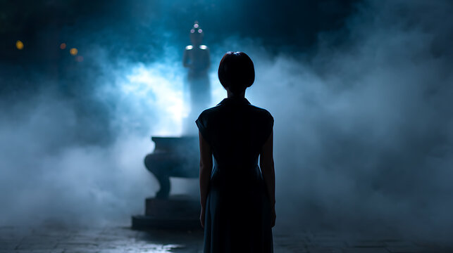 A solitary figure stands in silhouette, facing an ominous, fog-shrouded structure under a moody, moonlit sky. The scene evokes a sense of mystery and suspense