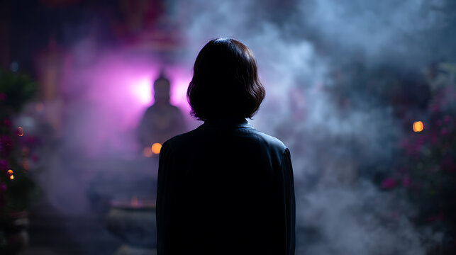 A person stands in front of a buddha statue with smoke and purple light in the background