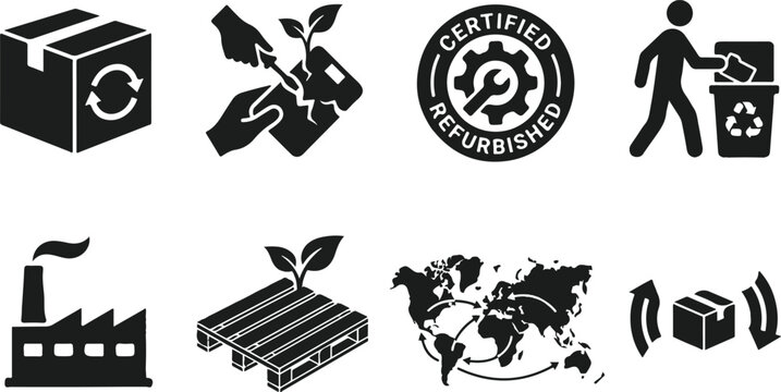 Circular economy and sustainable logistics icon set featuring recycling refurbished products green manufacturing and global reverse logistics symbols