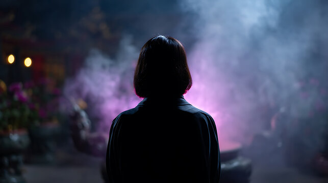 A silhouette of a person standing in front of a steaming cauldron, surrounded by mystical purple smoke and floral elements. The scene evokes a sense of mystery and enchantment