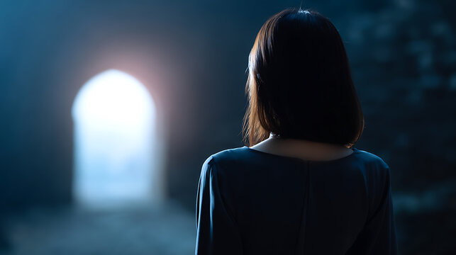 A lone woman stands with her back to the camera, looking towards a glowing, arched doorway in a dark, misty environment. The light from the doorway casts a soft blue and white glow.