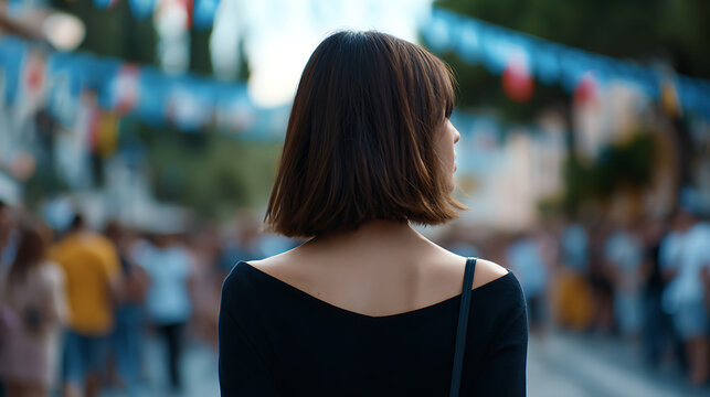 A young woman with short brown hair looking away from the camera, standing in a bustling crowd during an outdoor event. The background shows blurred people and colorful decorations