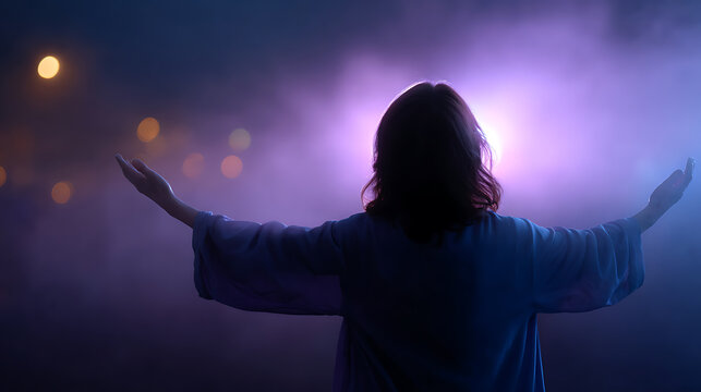 A silhouette of a person with arms outstretched towards a bright, hazy light with purple and pink hues, creating an ethereal and spiritual atmosphere