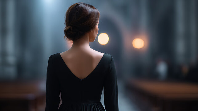 A woman in a black dress with her back to the camera, looking into a dimly lit, ornate hall. Her hair is pulled back elegantly, and the scene evokes a sense of solemnity or contemplation