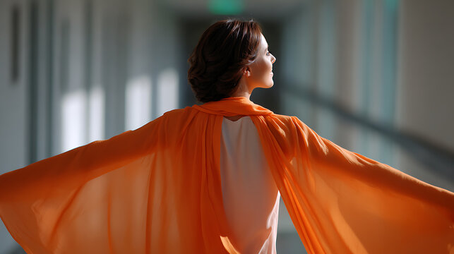 A woman with an orange cape billowing behind her stands with her back to the camera, gazing into the distance. Her arms are outstretched, and she appears to be in a bright, modern hallway