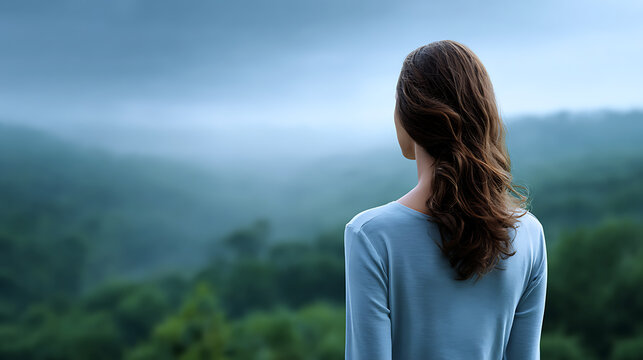 A woman looking out at a misty, green forest on a cloudy day, with her back to the viewer