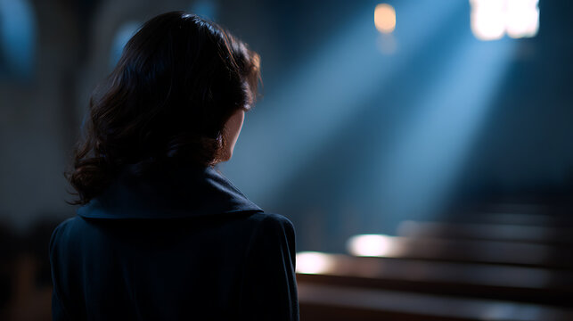 A woman stands in a church, her back to the camera, bathed in a dramatic shaft of light from a stained glass window. The pews of the church are visible in the foreground