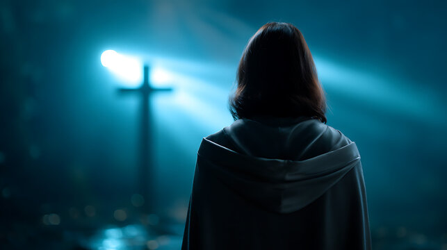A person in a hooded cloak stands with their back to the camera, facing a glowing cross illuminated by a blue spotlight. The atmosphere is solemn and spiritual