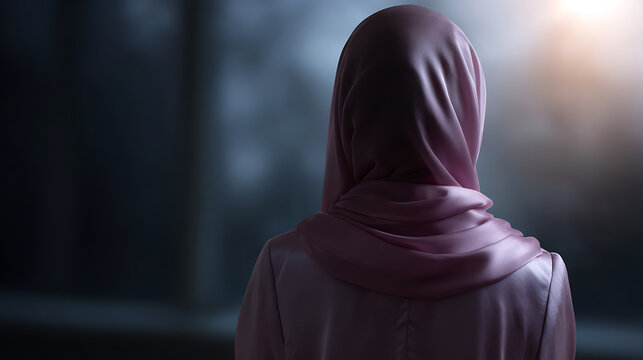 A woman wearing a pink hijab gazes into the distance, bathed in a soft light, with a somber, reflective mood. The background is dark and slightly blurred, emphasizing the solitary figure