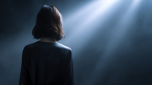 A woman bathed in a single shaft of light, looking towards an unknown destination, embodying solitude and introspection