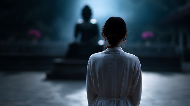 A woman stands in contemplative silence, facing a serene Buddha statue in a dimly lit temple. The atmosphere is filled with tranquility and spiritual devotion