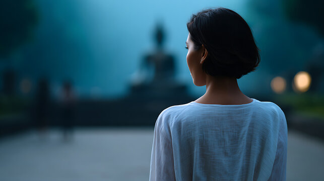 A serene woman in a white top gazes at a distant, mist-shrouded Buddha statue. The atmosphere is tranquil and contemplative, hinting at spiritual introspection and a connection to peace