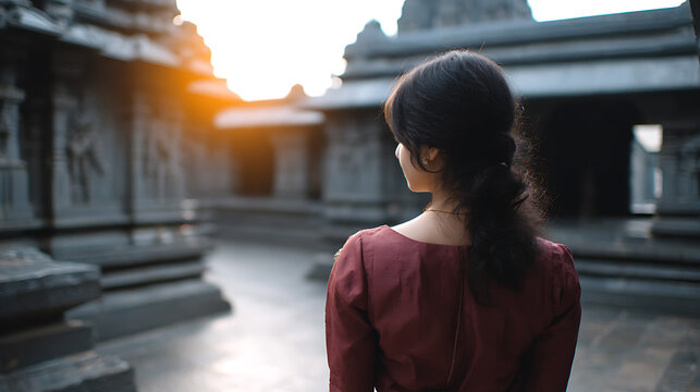 A woman standing in front of an ancient temple, looking at the setting sun. The temple is made of stone and has intricate carvings