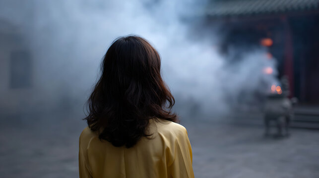 A woman stands with her back to the camera, facing a cloud of incense smoke billowing from a traditional temple building. The scene evokes a sense of mystery and spiritual contemplation