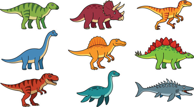 Cartoon dinosaur vector collection set featuring colorful jurassic prehistoric reptiles tyrannosaurus rex triceratops spinosaurus stegosaurus plesiosaur and mosasaur isolated on white background