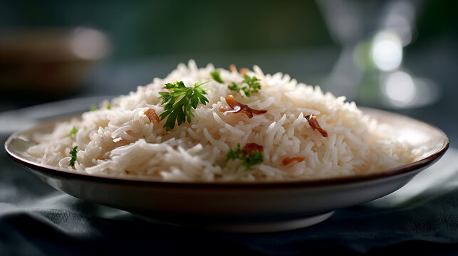 Fluffy white basmati rice, garnished with fresh green herbs and fried onion bits, served in a shallow ceramic bowl