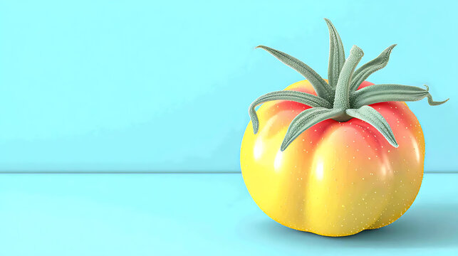 A vibrant, ripe tomato sits against a bright blue background, its skin a gradient of yellow to red, topped with green leaves. The image is a close-up, emphasizing the texture and color of the fruit