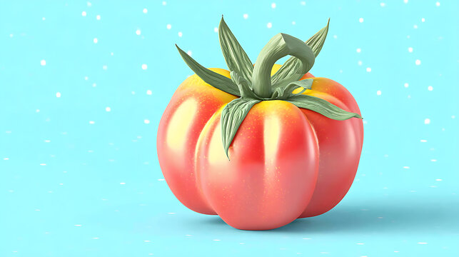 A ripe tomato with leaves and a stem, set against a blue backdrop with subtle speckles