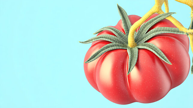 A close-up shot of a vibrant red tomato, perfectly ripe and hanging from a yellow vine against a clear blue background