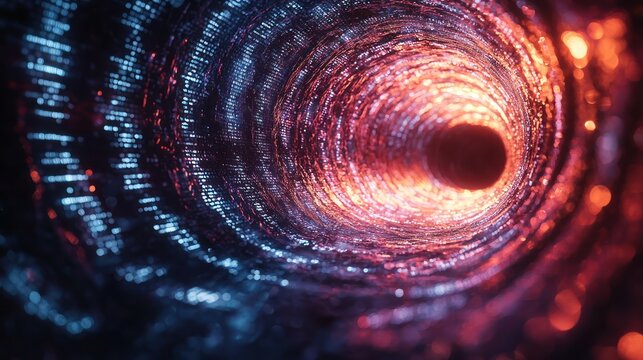 Rendered tunnel with light at the end, showcasing a complex array of data and energy