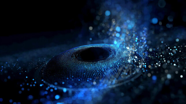 A swirling vortex of blue light particles, creating a mesmerizing and futuristic abstract pattern. The dark background enhances the glowing effect of the light particles.