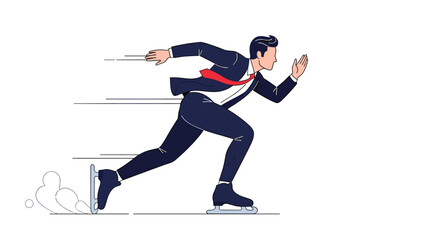Fototapeta premium Dynamic illustration of a businessman in a dark suit and red tie speed skating forward quickly on a white background.