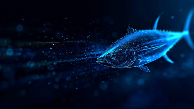 A stylized glowing blue tuna swims through the dark ocean, with shimmering particles and streaks of light around it