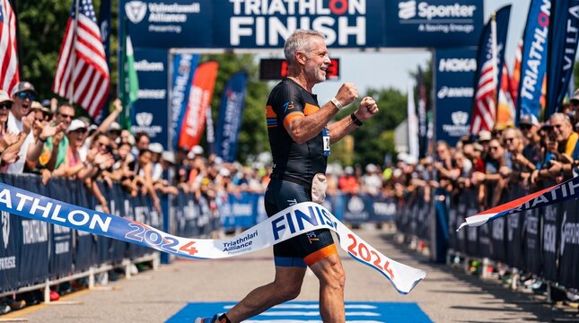 Smiling Senior Athlete with Ostomy Bag Crossing the Finish Line at a Triathlon