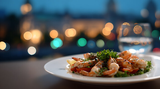 A delectable shrimp dish served on a white plate, garnished with fresh parsley, with a blurred city lights background