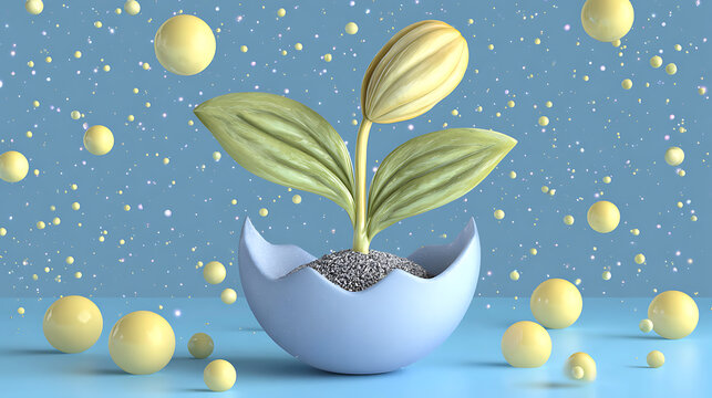 A small seedling growing from a broken eggshell in a bed of soil, surrounded by floating spheres and confetti against a blue background