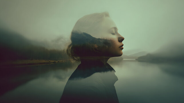 A surreal double exposure portrait of a woman with her eyes closed, overlaid with a misty mountain landscape reflecting in a calm lake. The image evokes introspection and tranquility.
