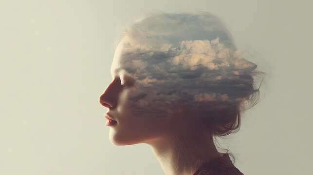 Double exposure portrait of a young woman with clouds in her head, symbolizing thought and imagination