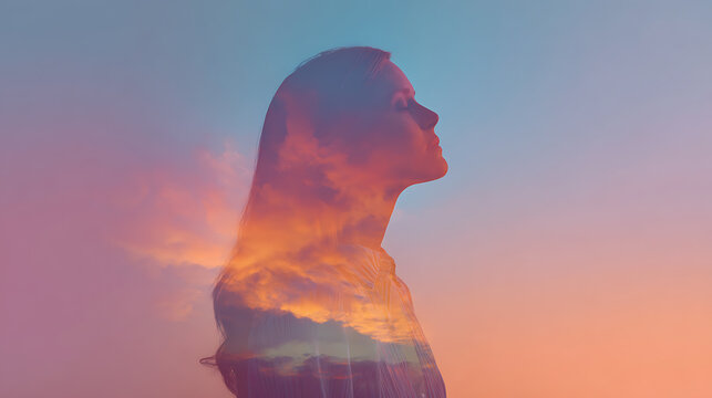 Double exposure of a woman's profile overlaid with a vibrant sunset cloudscape, evoking a sense of introspection and wonder