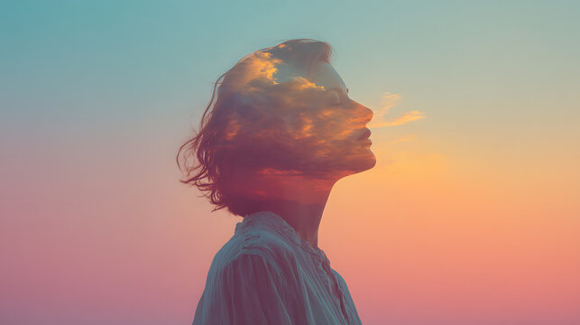 Double exposure portrait of a young woman's profile superimposed with a sunset sky and clouds. The colors are soft and ethereal, creating a dreamlike atmosphere