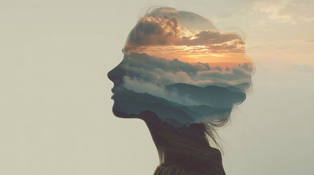 Double exposure portrait of a woman's profile superimposed with a dramatic sky and mountain landscape, evoking contemplation and introspection