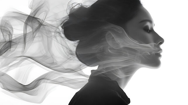 A profile portrait of a woman with her eyes closed, overlaid with wisps of smoke that create a surreal, dreamlike effect