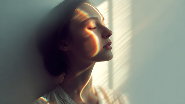 A young woman basks in the gentle sunlight, her eyes closed in serene contemplation. Light streaks across her face, casting a warm, ethereal glow.