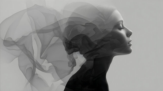 A surreal and artistic portrait of a woman's profile with a ghostly, ethereal effect, suggesting introspection and transformation. The image conveys a sense of mystery and depth, with soft.