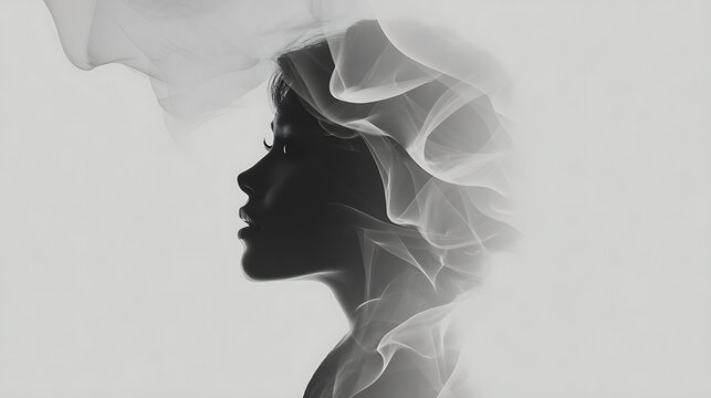 A silhouette of a woman's profile overlaid with ethereal wisps of smoke or fabric. The image evokes a sense of mystery and introspection