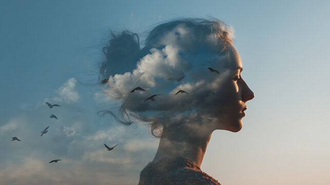 Double exposure portrait of a woman's profile superimposed with a cloudy sky and flock of birds, evoking a sense of freedom and contemplation