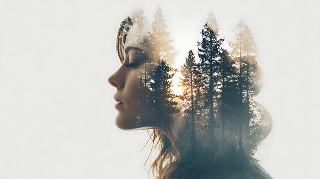 Double exposure of a woman's profile with a forest of trees superimposed, evoking a sense of introspection and connection with nature