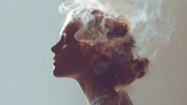 A profile of a woman with smoke emanating from her head, symbolizing thoughts and imagination