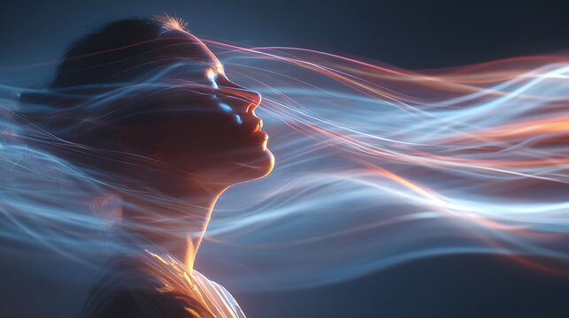 The ethereal silhouette of a woman's profile is bathed in glowing, flowing waves of light, evoking a sense of introspection and transcendence